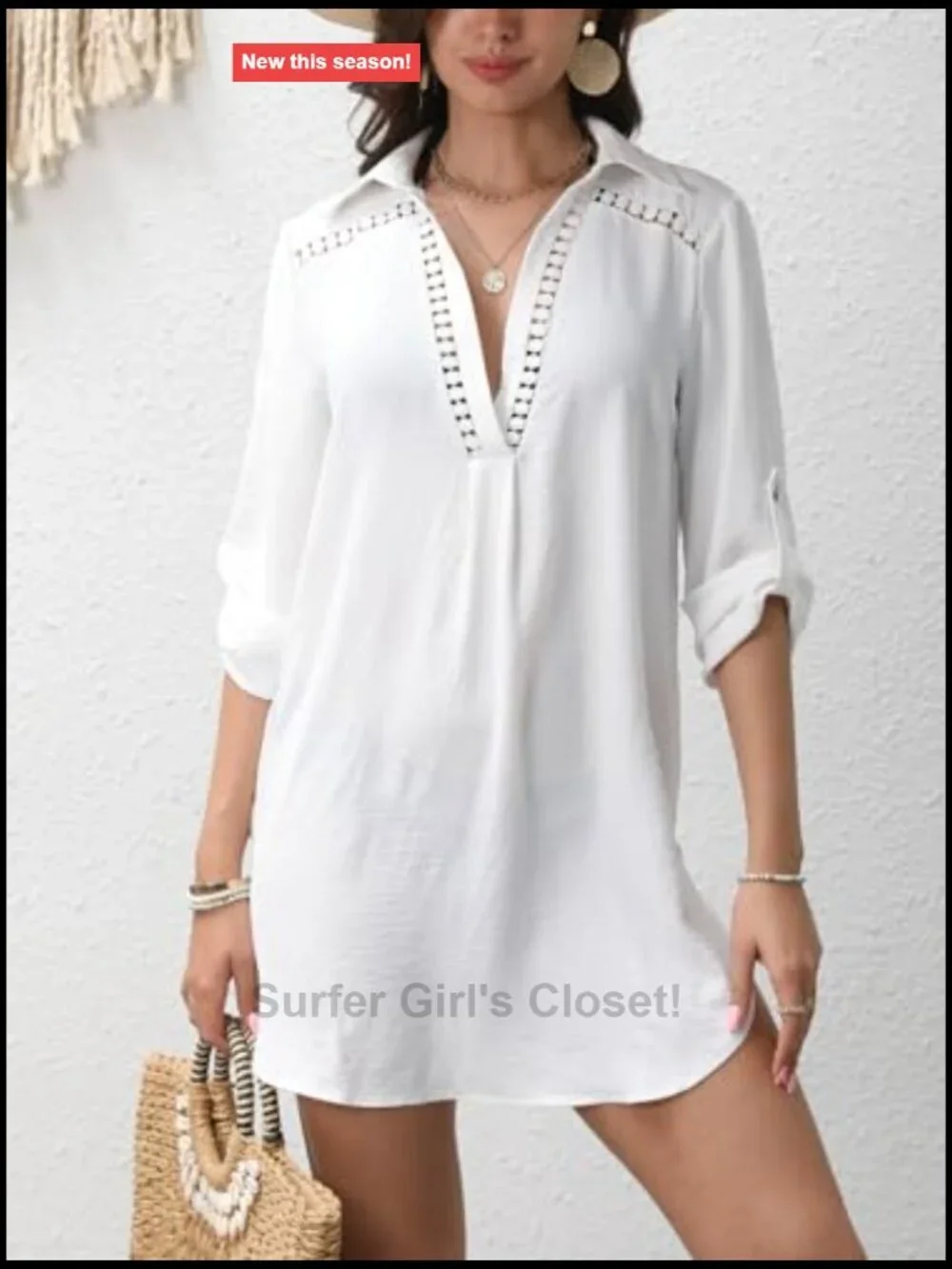 Long Sleeve V-Neck Beach Cover Up Shirt Dress Casual Summer